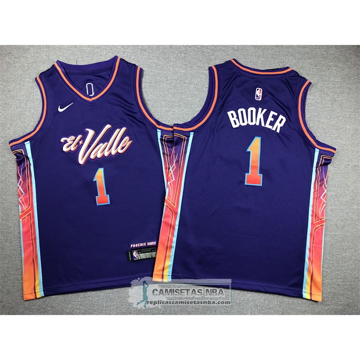 Camiseta Nino Phoenix Suns Devin Booker NO 1 Ciudad 2023-24 Violeta